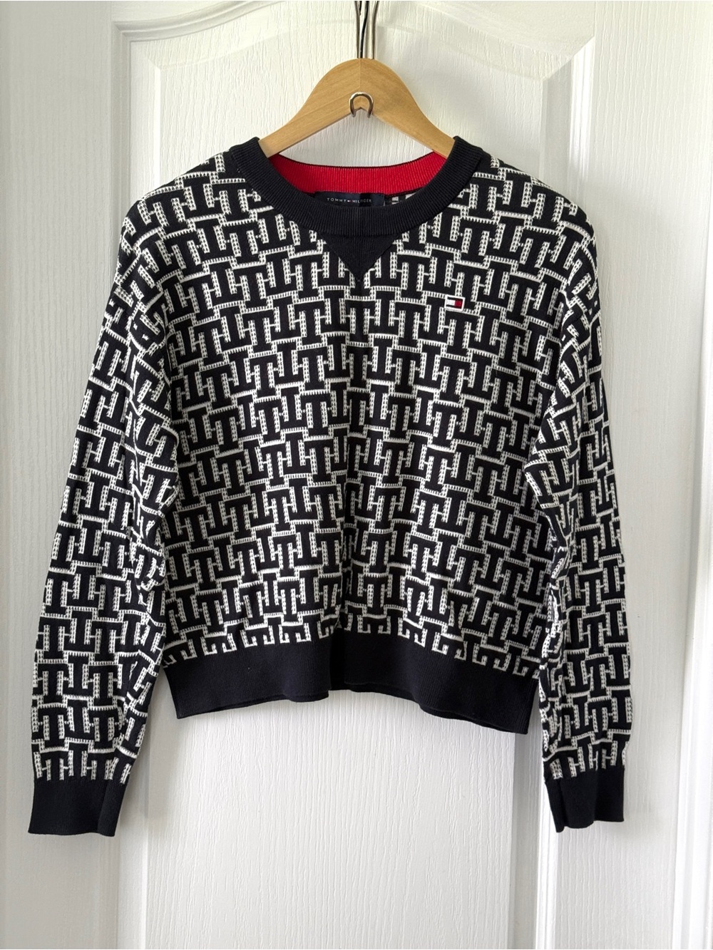 Tommy Hilfiger Navy* & White Jacquard Monogram-Print Crewneck Sweater Wm Size X
